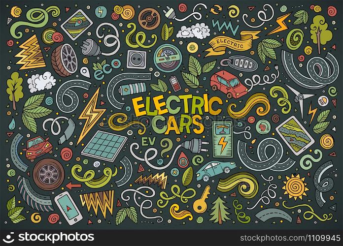 Colorful vector hand drawn doodle cartoon set of Electric cars objects and symbol. Colorful vector doodle cartoon set of Electric cars objects