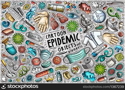 Colorful vector hand drawn doodle cartoon set of Epidemic theme items, objects and symbols. Doodle cartoon set of Epidemic theme objects