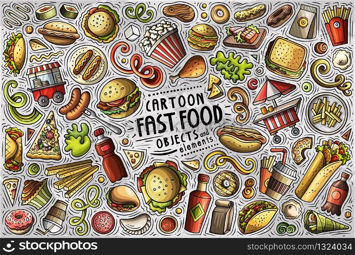 Colorful vector hand drawn doodle cartoon set of Fast Food theme items, objects and symbols. Vector set of Fastfood theme items, objects and symbols
