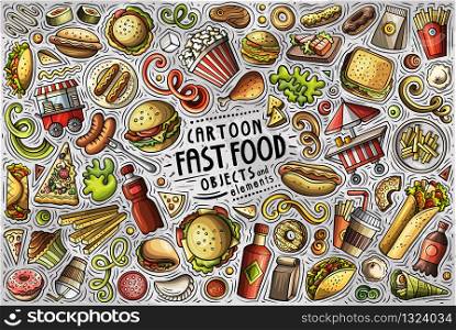 Colorful vector hand drawn doodle cartoon set of Fast Food theme items, objects and symbols. Vector set of Fastfood theme items, objects and symbols