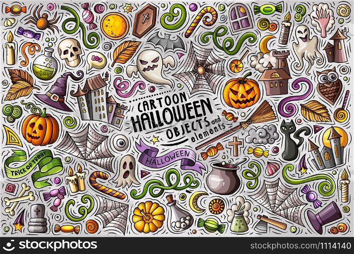 Colorful vector hand drawn doodle cartoon set of Halloween theme items, objects and symbols. Doodle cartoon set of Halloween theme objects and symbols