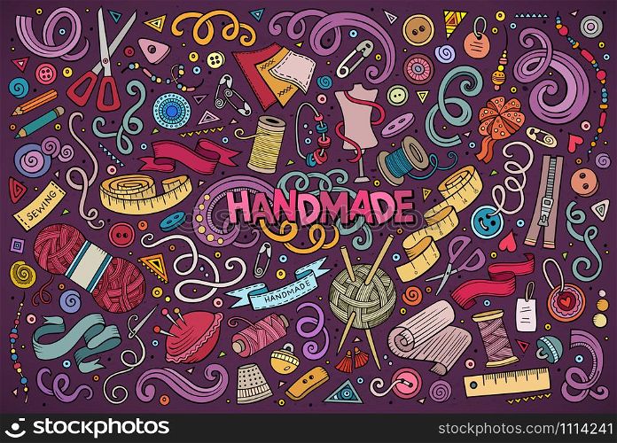 Colorful vector hand drawn doodle cartoon set of handmade objects and symbols. Doodle cartoon set of handmade object