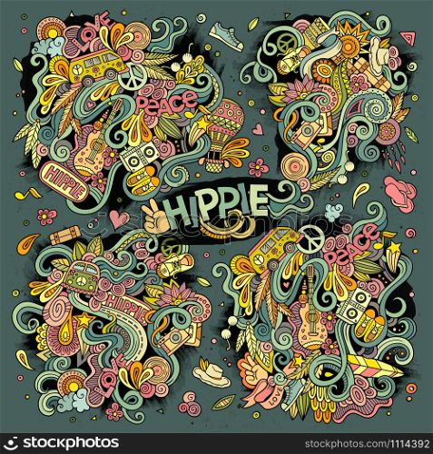 Colorful vector hand drawn Doodle cartoon set of hippie objects and symbols. Colorful set of hippie doodles designs