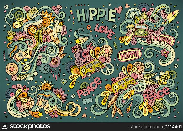 Colorful vector hand drawn Doodle cartoon set of hippie objects and symbols. Colorful set of hippie objects