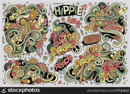 Colorful vector hand drawn Doodle cartoon set of hippie objects and symbols. Colorful set of hippie objects
