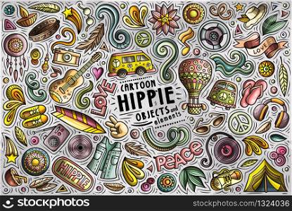 Colorful vector hand drawn doodle cartoon set of Hippie theme items, objects and symbols. Vector set of Hippie theme items, objects and symbols
