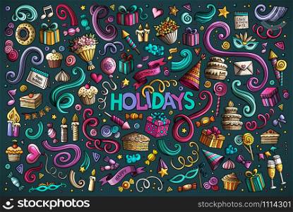 Colorful vector hand drawn Doodle cartoon set of holidays objects and symbols. Colorful set of holidays object