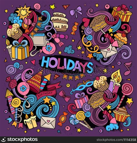 Colorful vector hand drawn Doodle cartoon set of holidays objects and symbols. Colorful set of holidays doodles design