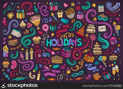 Colorful vector hand drawn Doodle cartoon set of holidays objects and symbols. Colorful set of holidays object