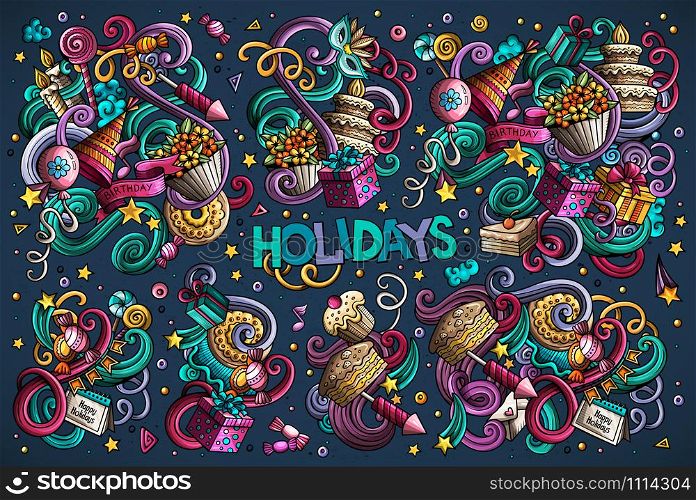 Colorful vector hand drawn Doodle cartoon set of holidays objects and symbols. All objects separate.. Colorful set of holidays object