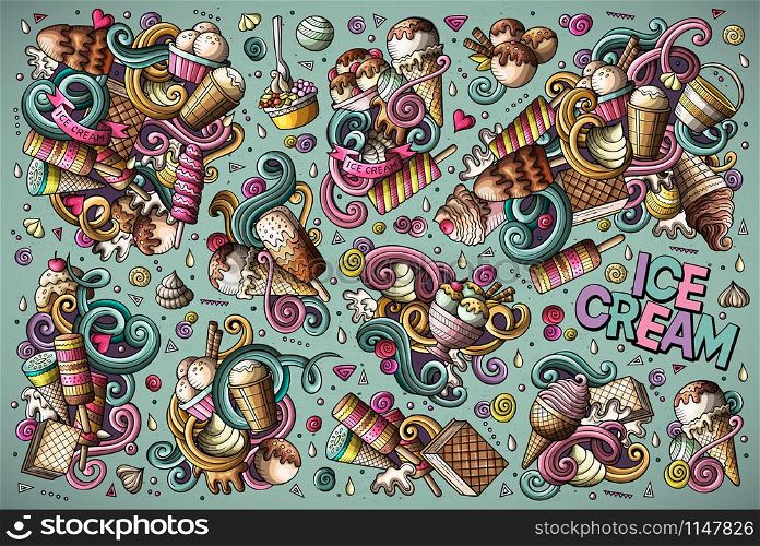Colorful vector hand drawn doodle cartoon set of ice-cream objects and symbols. All objects separate.. Colorful vector doodle cartoon set of ice-cream objects