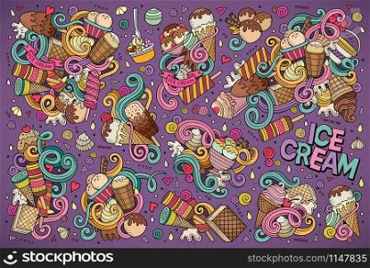 Colorful vector hand drawn doodle cartoon set of ice-cream objects and symbols designs. Colorful vector doodle cartoon set of ice-cream objects