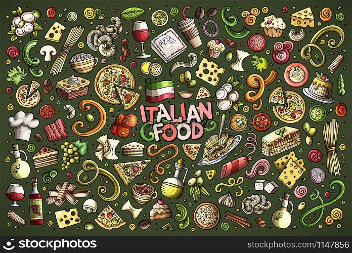 Colorful vector hand drawn doodle cartoon set of italian food objects and symbols. Vector hand drawn doodle cartoon set of italian food objects