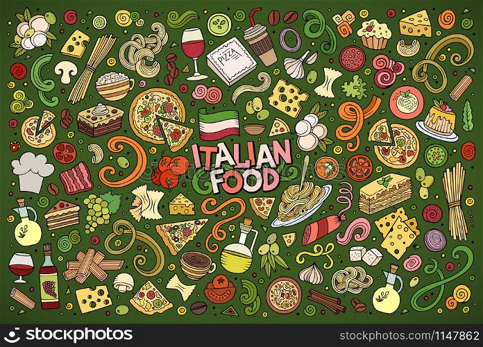 Colorful vector hand drawn doodle cartoon set of italian food objects and symbols. Colorful vector hand drawn doodle cartoon set of italian food ob