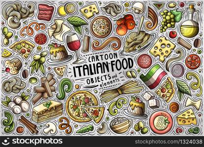 Colorful vector hand drawn doodle cartoon set of Italian food theme items, objects and symbols. Vector set of Italian food theme items, objects and symbols