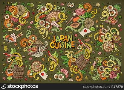 Colorful vector hand drawn doodle cartoon set of Japan food objects and symbols. Vector cartoon set of Japan food objects