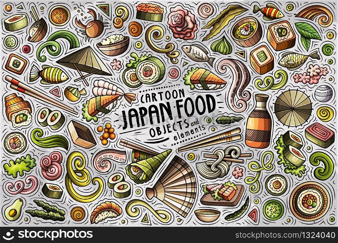 Colorful vector hand drawn doodle cartoon set of Japan food theme items, objects and symbols. Vector set of Japan food theme items, objects and symbols
