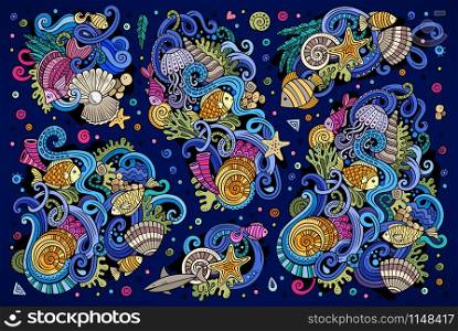 Colorful vector hand drawn Doodle cartoon set of marine life objects and symbols. Colorful set of marine life objects
