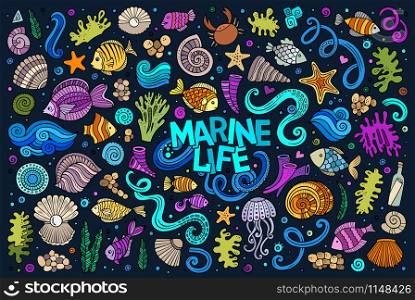 Colorful vector hand drawn Doodle cartoon set of marine life objects and symbols. Colorful set of marine life objects