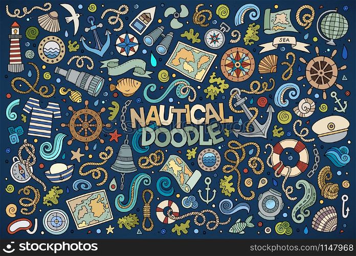 Colorful vector hand drawn Doodle cartoon set of marine, nautical objects and symbols. Set of marine, nautical objects and symbols