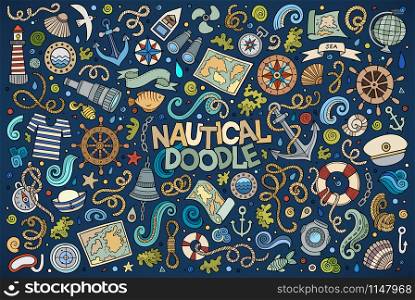 Colorful vector hand drawn Doodle cartoon set of marine, nautical objects and symbols. Set of marine, nautical objects and symbols