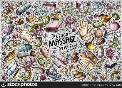 Colorful vector hand drawn doodle cartoon set of Massage theme items, objects and symbols. Doodle cartoon set of Massage objects and symbols