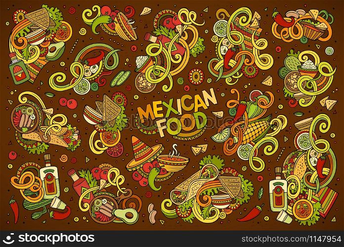 Colorful vector hand drawn doodle cartoon set of Mexican Food theme items, objects and symbols. Doodle cartoon set of Mexican Food objects