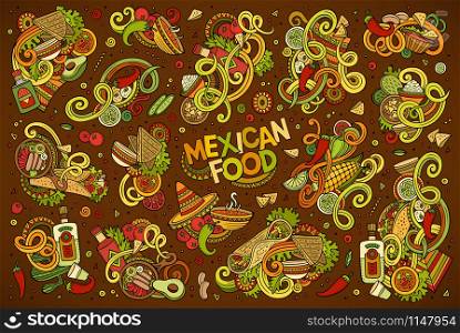Colorful vector hand drawn doodle cartoon set of Mexican Food theme items, objects and symbols. Doodle cartoon set of Mexican Food objects