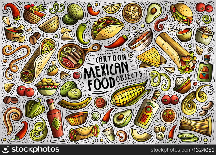 Colorful vector hand drawn doodle cartoon set of Mexican food theme items, objects and symbols. Vector set of Mexican food theme items, objects and symbols