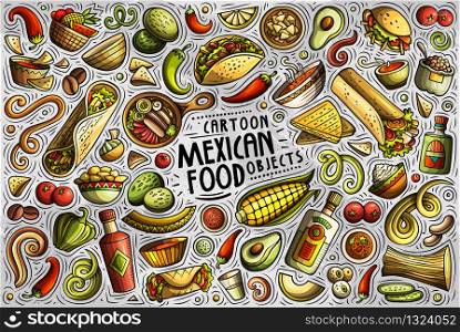 Colorful vector hand drawn doodle cartoon set of Mexican food theme items, objects and symbols. Vector set of Mexican food theme items, objects and symbols
