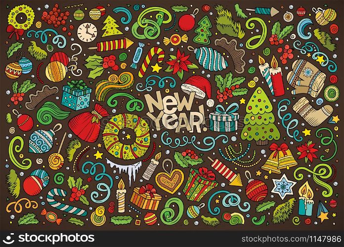 Colorful vector hand drawn doodle cartoon set of New Year and Christmas objects and symbols. Doodle cartoon set of New Year and Christmas objects