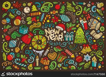 Colorful vector hand drawn doodle cartoon set of New Year and Christmas objects and symbols. Doodle cartoon set of New Year and Christmas objects
