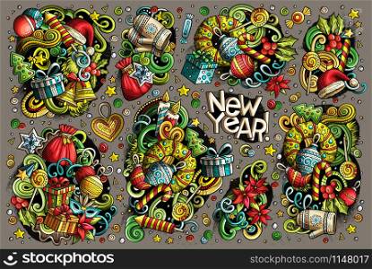 Colorful vector hand drawn doodle cartoon set of New Year and Christmas objects and symbols. All items are separate.. Doodle cartoon set of New Year and Christmas objects
