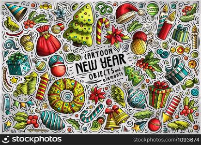 Colorful vector hand drawn doodle cartoon set of New Year theme items, objects and symbols. Vector hand drawn doodle cartoon set of New Year objects