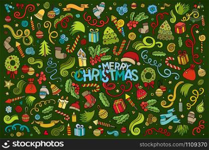 Colorful vector hand drawn Doodle cartoon set of objects and symbols on the Merry Christmas theme. Colorful vector hand drawn Doodle cartoon set of objects