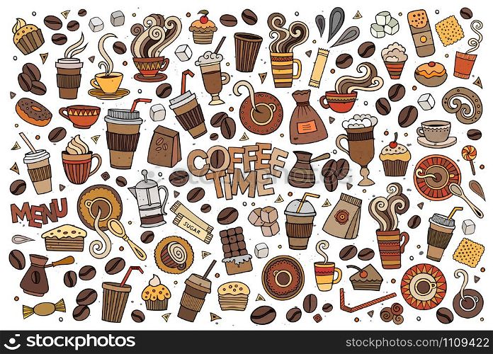 Colorful vector hand drawn Doodle cartoon set of objects and symbols on the coffee time theme. Colorful vector hand drawn Doodle cartoon set of objects