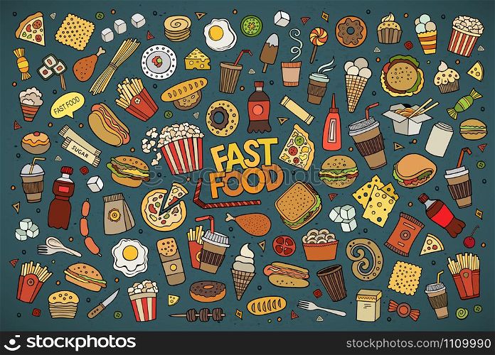 Colorful vector hand drawn Doodle cartoon set of objects and symbols on the fast food theme. Fast food doodles hand drawn vector symbols