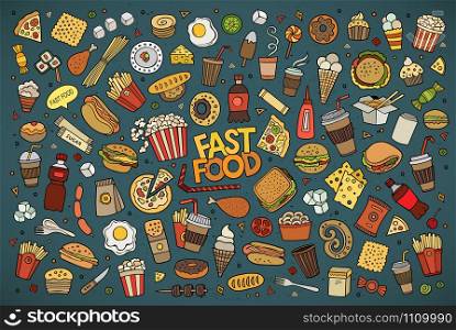 Colorful vector hand drawn Doodle cartoon set of objects and symbols on the fast food theme. Fast food doodles hand drawn vector symbols