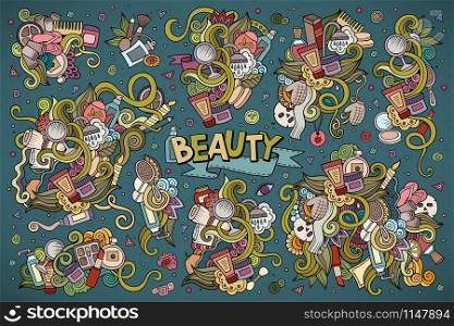 Colorful vector hand drawn doodle cartoon set of objects and symbols on the cosmetic and beauty theme. Colorful vector hand drawn doodle cartoon set of objects