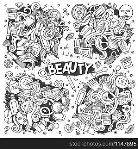 Colorful vector hand drawn doodle cartoon set of objects and symbols on the cosmetic and beauty theme. Vector hand drawn doodle cartoon set of objects