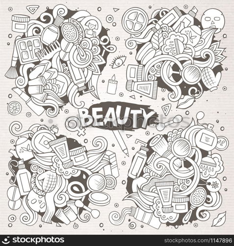 Colorful vector hand drawn doodle cartoon set of objects and symbols on the cosmetic and beauty theme. Vector hand drawn doodle cartoon set of objects