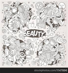 Colorful vector hand drawn doodle cartoon set of objects and symbols on the cosmetic and beauty theme. Vector hand drawn doodle cartoon set of objects