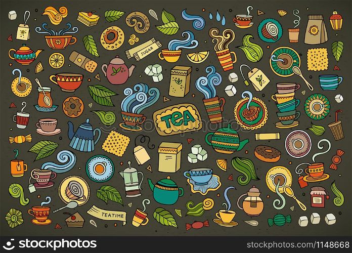 Colorful vector hand drawn Doodle cartoon set of objects and symbols on the tea time theme. Colorful vector hand drawn Doodle cartoon set of objects