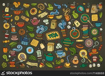 Colorful vector hand drawn Doodle cartoon set of objects and symbols on the tea time theme. Colorful vector hand drawn Doodle cartoon set of objects
