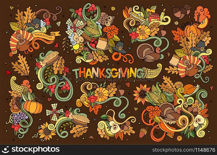 Colorful vector hand drawn Doodle cartoon set of objects and symbols on the Thanksgiving autumn theme. Colorful vector hand drawn Doodle cartoon set of objects