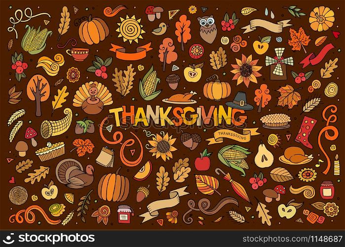Colorful vector hand drawn Doodle cartoon set of objects and symbols on the Thanksgiving autumn theme. Colorful vector hand drawn Doodle cartoon set of objects