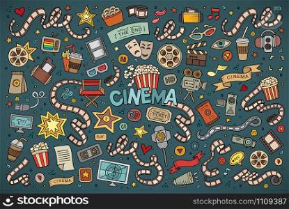 Colorful vector hand drawn Doodle cartoon set of objects and symbols on the cinema theme. Colorful vector hand drawn Doodle cartoon set of objects