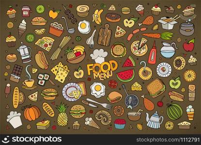 Colorful vector hand drawn Doodle cartoon set of objects and symbols on the food theme. Foods doodles hand drawn sketchy vector symbols