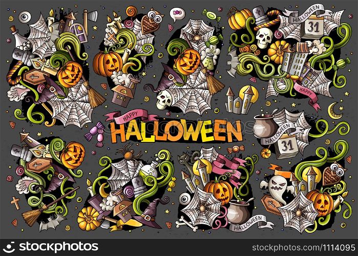 Colorful vector hand drawn Doodle cartoon set of objects and symbols on the Halloween theme. All items are separate.. Colorful vector hand drawn Doodle Halloween cartoon set of objects
