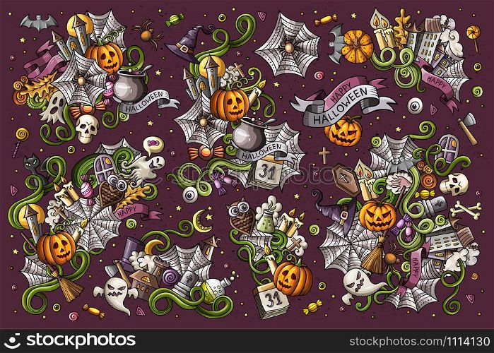 Colorful vector hand drawn Doodle cartoon set of objects and symbols on the Halloween theme. All items are separate.. Colorful vector hand drawn Doodle Halloween cartoon set of objects